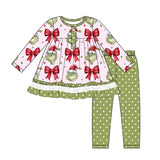 GLP1671 Christmas Green Animal Tie Bow Girls Set