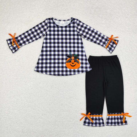 GLP1674 Embroidery Halloween Pumpkin Black Plaid Girls Set