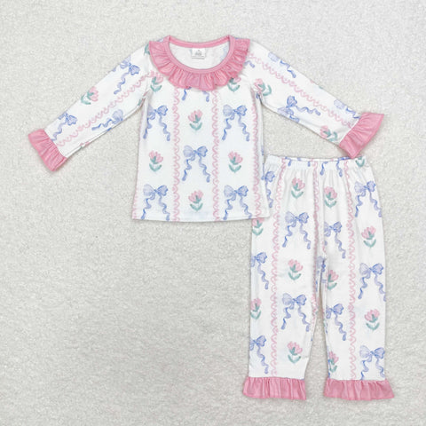 GLP1693 Bamboo Flower Coquette Bows Pink Ruffles Girls Pajamas Set