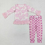 GLP1722 Smiley Face Pink Plaid Girls Set