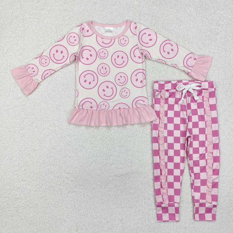 GLP1722 Smiley Face Pink Plaid Girls Set