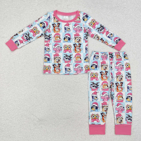 GLP1805 Christmas Cartoon Blue Dog Pink Girls Pajamas Set