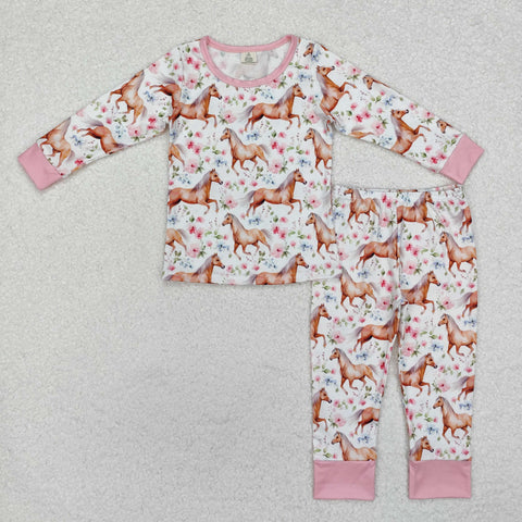 GLP1831 Bamboo Horse Flower Pink Girls Pajamas Set