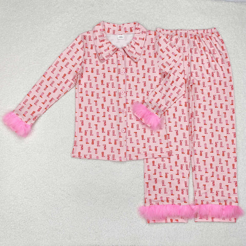 GLP1869 Cowgirl Boots Pink Feather Adult Women Pajamas Set