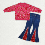 GLP1959 Christmas Candy Canes Sweater Blue Denim Jeans 2 Pcs Set