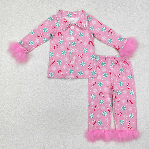 GLP2025 Christmas Candy Canes Pink Feather Girls Pajamas Set