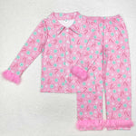 GLP2028 Christmas Candy Canes Pink Feather Adult Women Pajamas Set