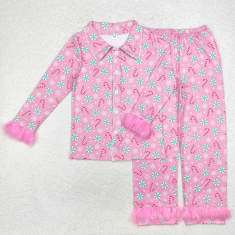 GLP2028 Christmas Candy Canes Pink Feather Adult Women Pajamas Set