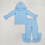 GLP2058 Blue Cotton Hoodie Ruffles Girls Set