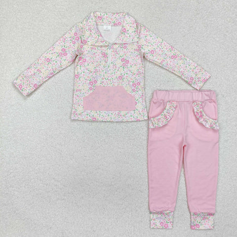 GLP2118 Garden Flower Floral Pink Kids Girls Zip Pullover