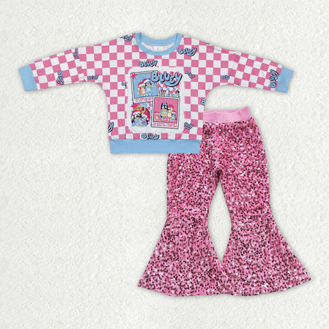 GLP2140 Christmas Cartoon Blue Dog Pink Sequin Girl's Set