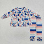 GLP2144 Flower Stripe Blue Girls Set