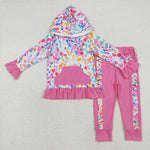 GLP2151 Colorful Pink Ruffles Hoodie Girls Set