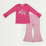 GLP2236 Valentine's Day Embroidery Dog Pink Denim Jeans 2 Pcs Girl's Set