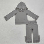 GLP2272 Grey Solid Color Ruffles  Hoodie Girls Set