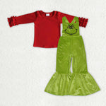 GLP2279 Christmas Green Velvet Red Overall Jumpsuit Girl's Set