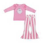 GLP2288 Christmas Embroidery Santa Pink Stripe Denim Jeans 2 Pcs Girl's Set