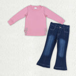 GLP2299 Bows Embroidery Blue Denim Jeans 2 Pcs Girl's Set