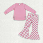 GLP2301 Bows Embroidery Pink Plaid Denim Jeans 2 Pcs Girl's Set