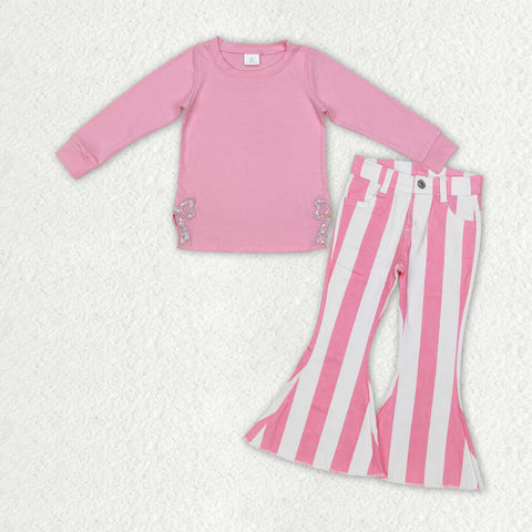 GLP2302 Bows Embroidery Pink Stripe Denim Jeans 2 Pcs Girl's Set