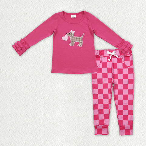 GLP2315 Valentine Love Dog Embroidery Pink Plaid Girl's Set