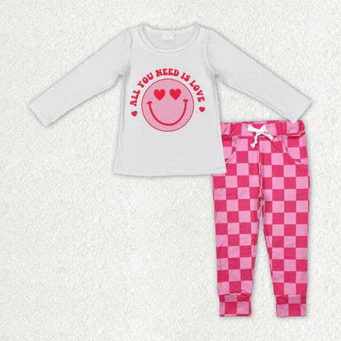 GLP2316 Valentine Love Smiley Face Pink Plaid Girl's Set