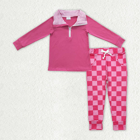 GLP2318 Valentine Pullover Pink Plaid Girl's Set