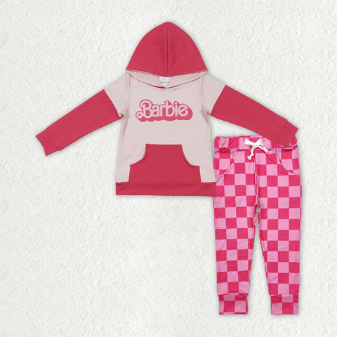 GLP2319 Fashion Pink Plaid Hoodie Girl's Set