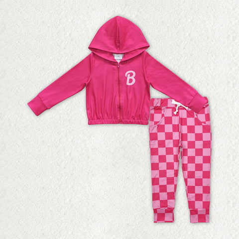 GLP2320 Fashion Pink Plaid Hoodie Coat Girl's Set