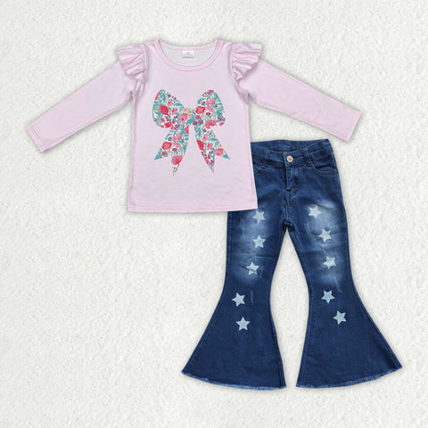 GLP2321 Bows Flower Star Denim Jeans 2 Pcs Girl's Set