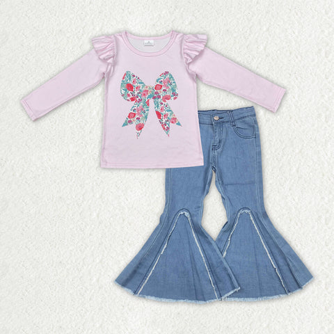 GLP2322 Bows Flower Denim Jeans 2 Pcs Girl's Set