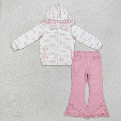 GLP2324 Coquette Bows Pink Denim Jeans 2 Pcs Hoodie Girl's Set