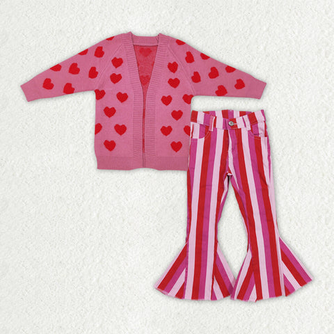 GLP2327 Valentine's Day Love Cardigan Pink Jeans Girls 2 Pcs Set