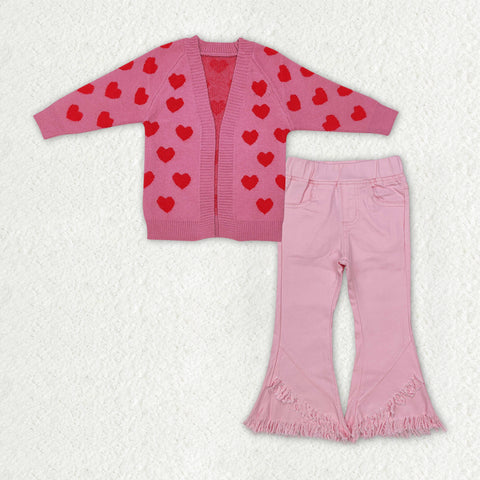 GLP2328 Valentine's Day Love Cardigan Pink Jeans Girls 2 Pcs Set