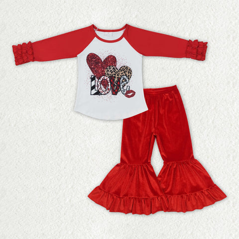 GLP2330 Valentine Love Red Velvet Flare Pants Girls Set