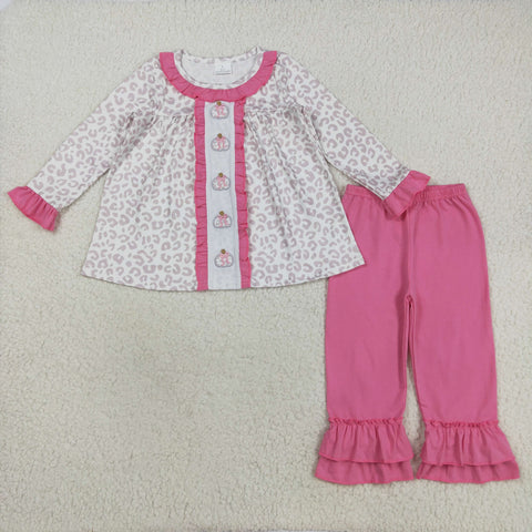 GLP2353 Embroidery Pumpkin Bows Leopard Girls Set