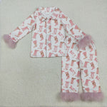 GLP2359 Western Boots Bows Pink Buttons Feather Girls Pajamas Set
