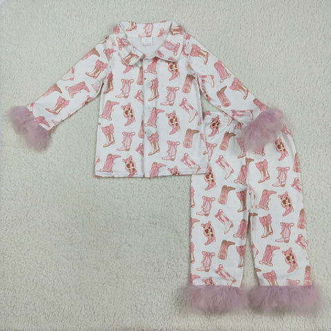 GLP2359 Western Boots Bows Pink Buttons Feather Girls Pajamas Set