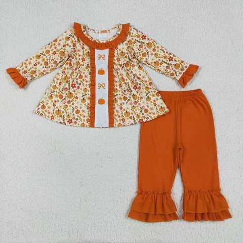 GLP2361 Embroidery Autumn Pumpkin Bows Orange Girls Set