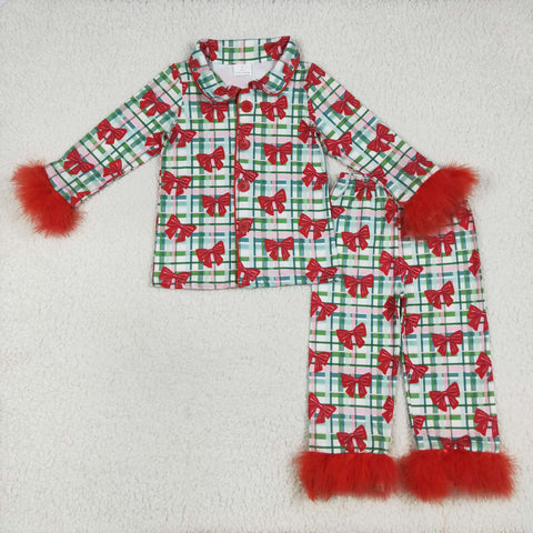 GLP2372 Christmas Bows Red Feather Buttons Girls Pajamas Set