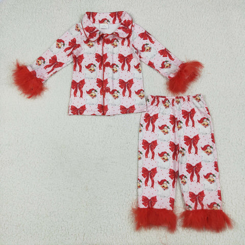 GLP2373 Christmas Santa Red Feather Buttons Girls Pajamas Set