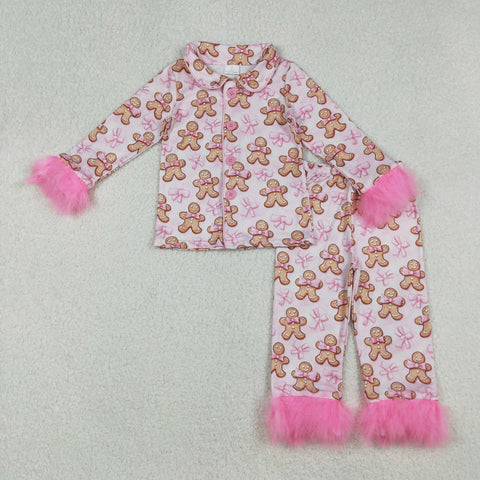 GLP2374 Christmas Gingerbread Bows Pink Feather Buttons Girls Pajamas Set