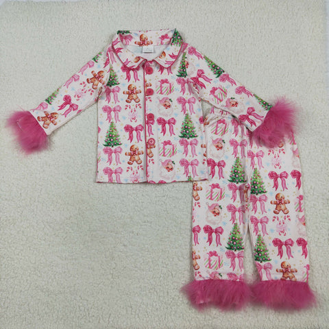 GLP2375 Christmas Trees Bows Pink Feather Buttons Girls Pajamas Set