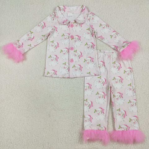 GLP2376 Christmas Santa Pink Feather Buttons Girls Pajamas Set