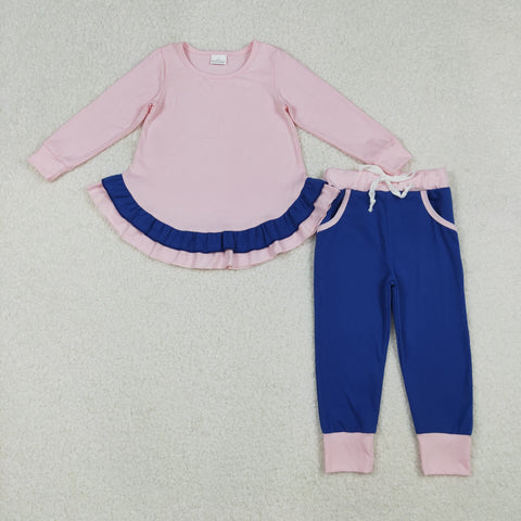GLP2401 Solid Color Pink Blue Cotton Ruffles Girls Set