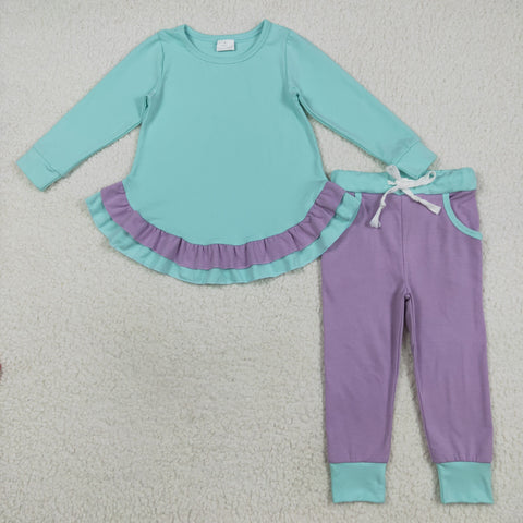 GLP2402 Solid Color Purple Cotton Ruffles Girls Set