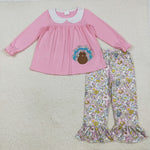 GLP2409 Embroidery Thanksgiving Day Turkey Flower Girls Set