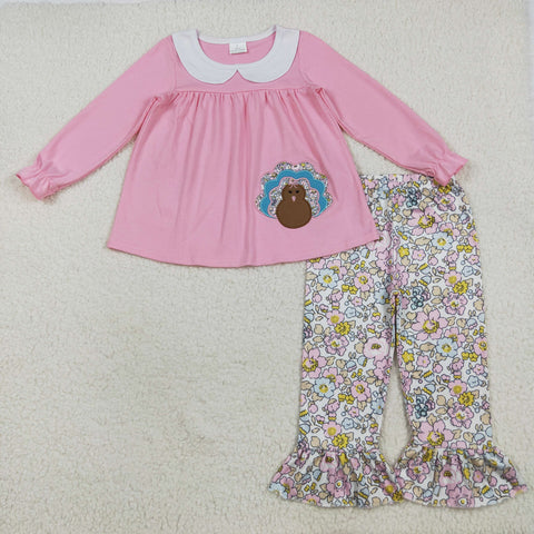 GLP2409 Embroidery Thanksgiving Day Turkey Flower Girls Set