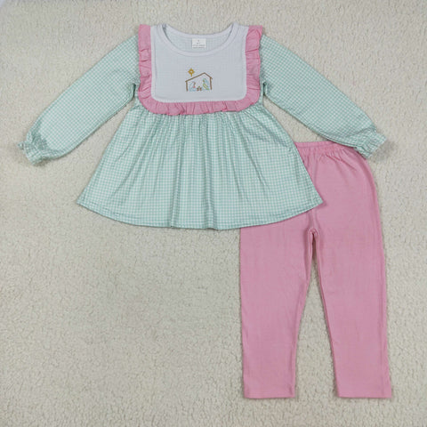 GLP2410 Embroidery Nativity Jesus Blue Girls Set