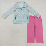 GLP2414 Flower Floral Pink Pullover Girls Set